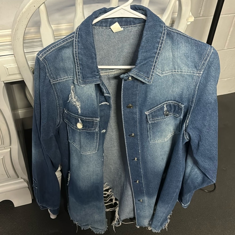 Long Blue Jean Jacket, distressed